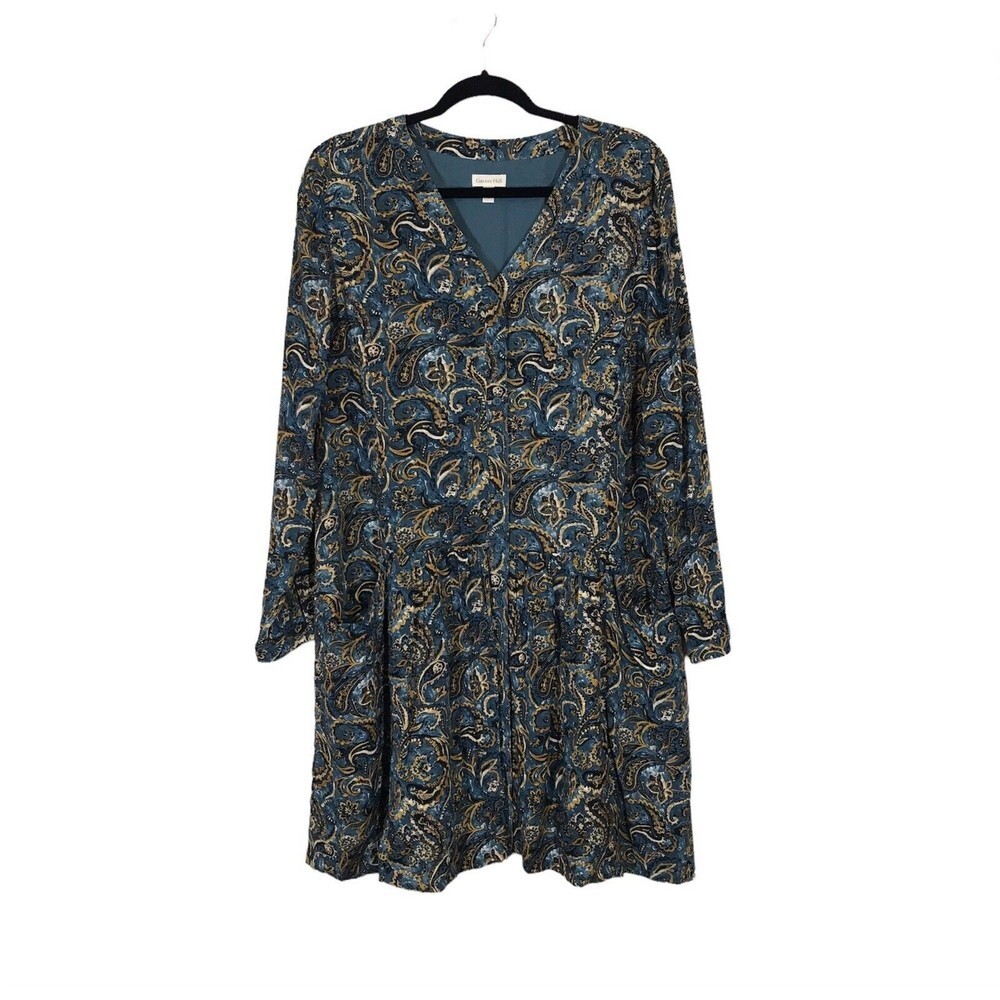 Garnet Hill Women's Size 12 Drop Waist Button Up Long Sleeve Teal Paisley Dress